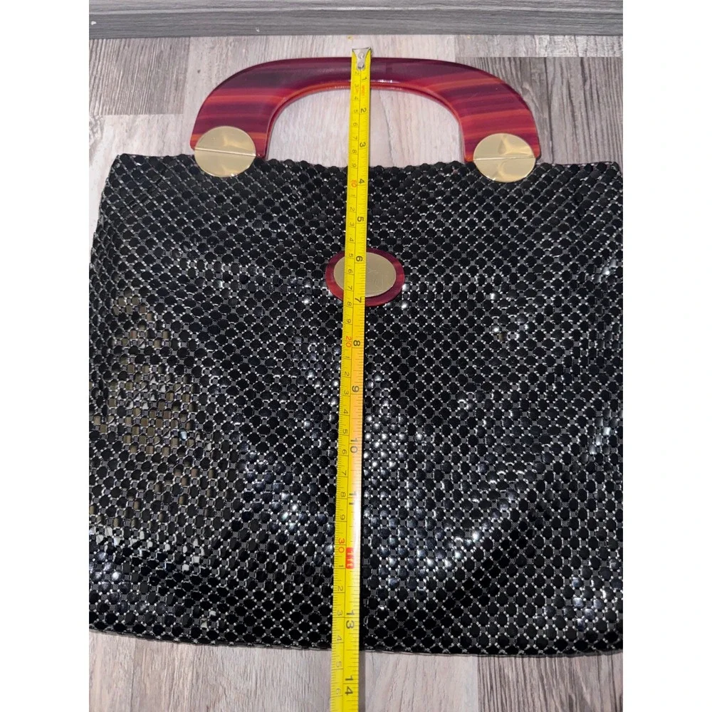 Whiting and Davis Black Metal Mesh Handbag Red Lucite Handle Vintage USA Made